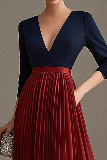 Navy and Red A Line Pleated V Neck Mother of the Bride Dress with Half Sleeves